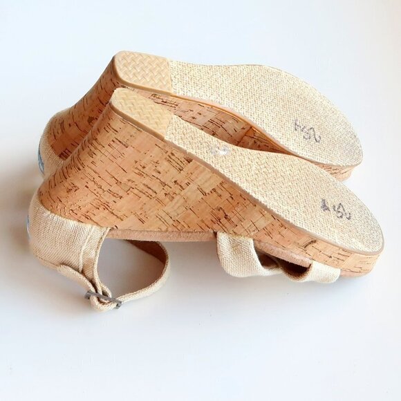Toms Beige Canvas Ankle Strap Cork Platform Wedge Heel Sandals / Summer Shoes - Picture 14 of 16